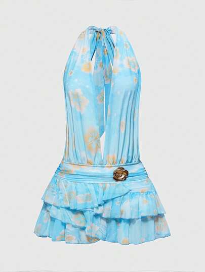 J-Fashion فستان قصير للسيدات للشاطئ لديه تصميم غير متماثل للهامش مع تزيين الخصر ذو طابع كاواي صيفي