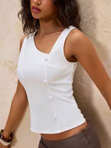 Glamine Urban Chic Commuter Plain Color Asymmetric Collar Sleeveless White Tank Top - White - View 7