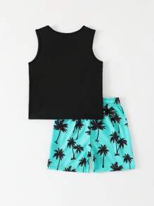 Young Boy Coconut Tree Print Swimwear Tank Top And Shorts Set, Top With Placement Print, Bottom With Random Print - Multicolor - View 2