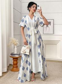 Al Najma 女士优雅复古全印花阿拉伯风格连衣裙 - 彩色 - 查看 4