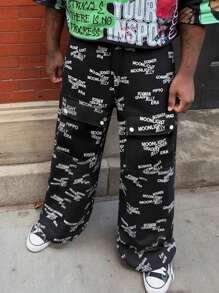 Manfinity EMRG Men's Black And White Printed Woven Fabric Long Pants With Zipper And Cargo Pockets - Black and White - View 5