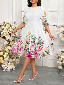 SHEIN Lady 蓝色印花修身女式连衣裙 教堂女装 A 字型优雅女式连衣裙 - 白色 - 查看 6