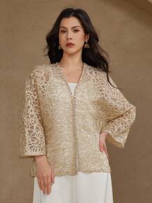 DAZY Women's Summer Elegant Lace Hollow V-Neck Blouse - Gold - View 7