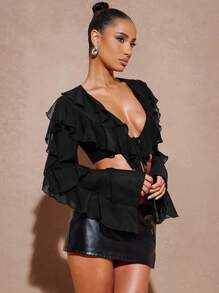 Hauture 纯色时尚性感荷叶边系带衬衫 - 黑色 - 查看 3