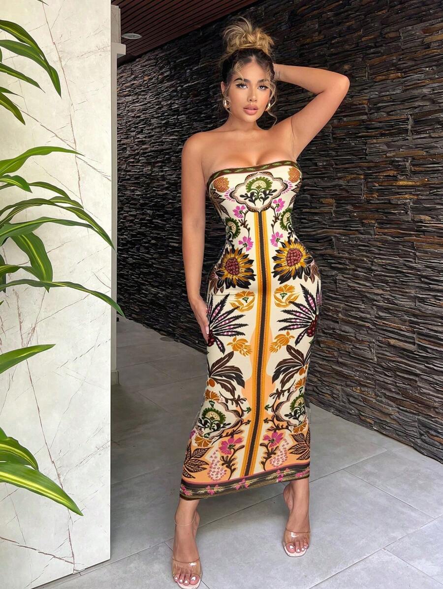 SHEIN SXY 春夏装波西米亚风度假优雅休闲西装音乐节女士杏色民族定位印花紧身胸衣中长连衣裙 - 彩色 - 查看 1