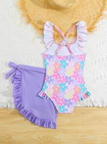 Young Girl's Cute Colorful Flower Print Double Layer Ruffled One-Piece Swimsuit With Mini Beach Skirt - Purple - View 2