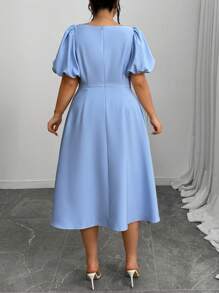 Elenzga Vestido con mangas abullonadas estilo línea A con cinturón y decoración floral 3D elegante para mujer talla grande, encantador para uso diario, citas, ir al trabajo, primavera y verano - Azul - Ver 2