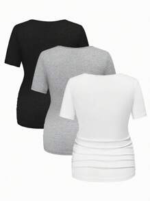SHEIN قميص تي شيرت قصير الأكمام مناسب للحوامل والرضاعة، ذو رقبة عميقة على شكل حرف V مع ربطة متقاطعة، صيفي وكاجوال - رمادي - مشاهدة 2