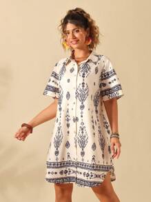 SHEIN Clasi Regular 2025 New Plus Size Women Pattern Placement Print Short Sleeve Loose Casual Shirt Dress - Apricot - View 3