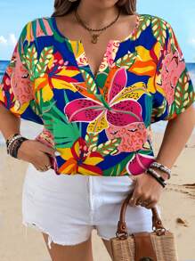 SHEIN Clasi 大码复古、优雅、知性、度假、极简主义 V 领随机印花蝙蝠袖宽松女式衬衫，适合夏季、返校、毕业典礼、节假日、情人节、音乐节、母亲节、万圣节、感恩节、复活节、国庆节、圣诞节、联欢晚会、约会、派对、户外旅行 - 彩色 - 查看 3