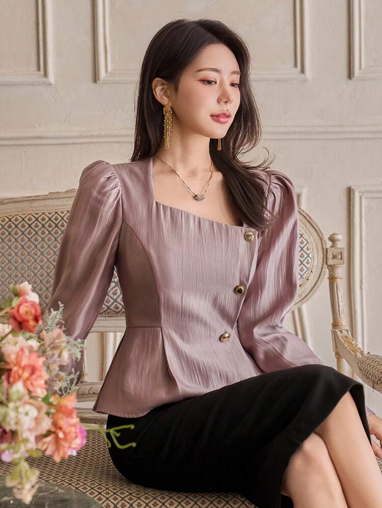 Solid Color Puff Sleeve Asymmetric Women Shirt,Fall Clothes