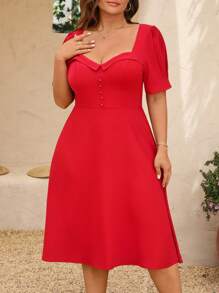 SHEIN Clasi Abito estivo elegante da donna in taglie forti, a maniche a sbuffo, colore unito, adatto per l'uso quotidiano