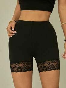 SHEIN PETITE 2pcs Contrast Lace Leggings Set, Summer - Black - View 8