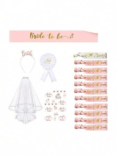 Set de 16 piezas de decoración para despedida de soltera, accesorios de fiesta de boda con brazalete, faja "Novia", corona, velo y tatuajes, para Navidad