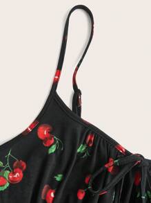 SHEIN EZwear Plus Size Cherry Print Flare Hem Slip Dress, Waist-Cinched A-Line, Suitable For Spring & Summer,Beach Dress Sundress,Holiday Outfits Boho,Corset Dress