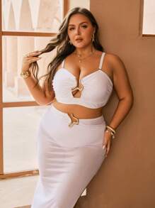 Swim Oasis Plus Size Women's 3-Piece Set: Black Detachable Strap Bandeau Top, High Waist Pants, Gold Decor Accessories And Black Mesh Beach Cover-Up, Summer Vacation - White - View 2