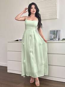 Modelyn 2件套女士3D花卉束腰短袖短款上衣和吊带背心连衣裙 - 綠色 - 查看 6