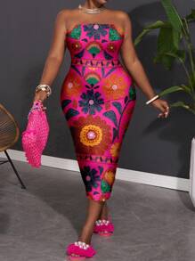 Slaydiva Plus Size Women Casual Floral Print Full-Width Print Bandeau Dress, Summer,Sun Dresses For Women Suitable For Going Out Chic Dress - Multicolor - View 1