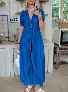 LanaWest 女式蓝色蕾丝拼接防晒抽绳长裙 - 藍色 - 查看 5