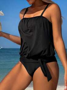 Swim Lushoire 2pcs Springbreak Design Elegant Black Spaghetti Strap Tie Bottom Beach Sport Bikini Set For Women For Summer Beach Vacation - Black - View 5