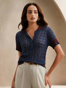 Anewsta 女式撞色条纹 Polo 领镂空针织衬衫 - 彩色 - 查看 5