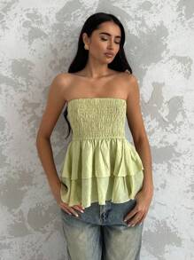 Glamine Áo Bandeau xếp ly co giãn có họa tiết - Màu xanh Ô liu - Xem 4