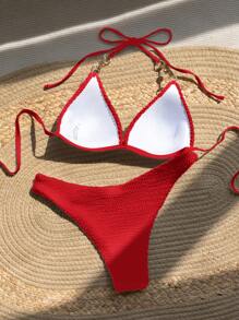 SHEIN Swim Women's Solid Color Halter Tie Sexy Bikini Swimsuit Set, Summer Beach - Burgundy - View 2
