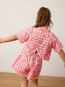 Maija Kids Maija Kids 2pcs Young Girl Casual Plaid Pattern Shirt & Shorts Set - Pink - View 2