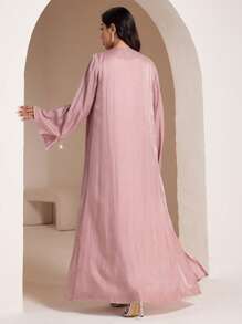 Veilorie Women's Long Sleeve Bow Decor Arabic Abaya Cardigan, Modest Robe - Dusty Pink - View 3