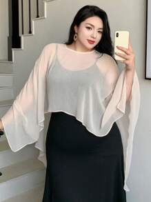 Dazy Plus Plus Size Crew Neck Sheer Batwing Sleeve Asymmetrical Hem Elegant Sheer Top,Crop Tops Women