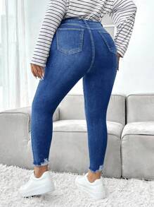 SHEIN ICON Plus Size Distressed Washed Slim Fit Denim Jeans - Medium Wash - View 2