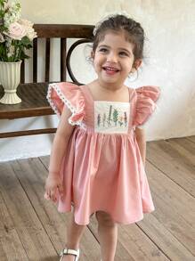 LMoss Kids Baby Mädchen Gestricktes Kleid mit Kontrast-Farbstickerei, quadratischem Kragen und Rüschenbesatz