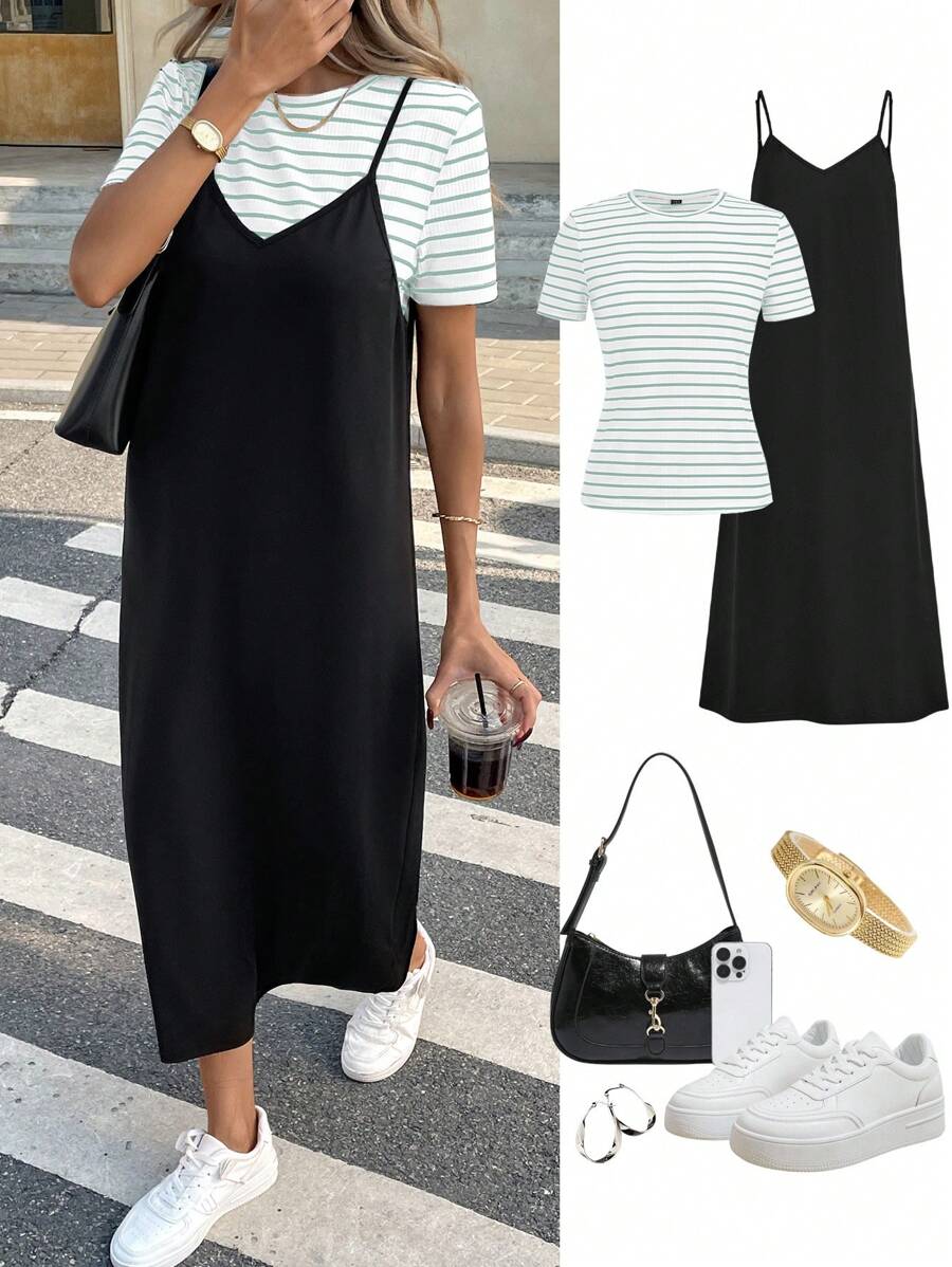 SHEIN LUNE 女士休闲条纹吊带背心和中长连衣裙，基本款两件套，适合春夏季日常穿着 - 綠色 - 查看 1