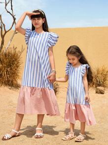 SHEIN Leap Crew Tween Girls 蓝白条纹可爱盖袖荷叶边下摆宽松秋千连衣裙，休闲假日风格，适合春夏季节，返校季 - 彩色 - 查看 7