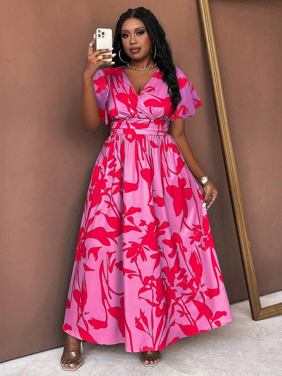 Maweii Đầm voan cổ chữ V in kỹ thuật số thanh lịch cỡ lớn - Nhiều màu - Xem 1