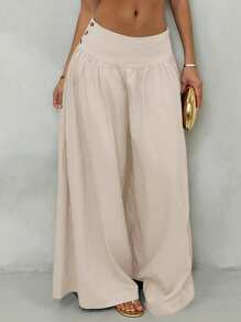 Glamine 复古低腰阔腿裤，垂坠修身休闲女裤 - 杏色 - 查看 3