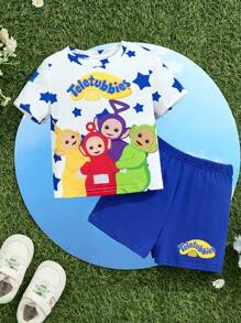 Teletubbies X SHEIN 2 件装男婴卡通星星印花撞色短袖 T 恤和短裤夏季服装 - 藍色 - 查看 1