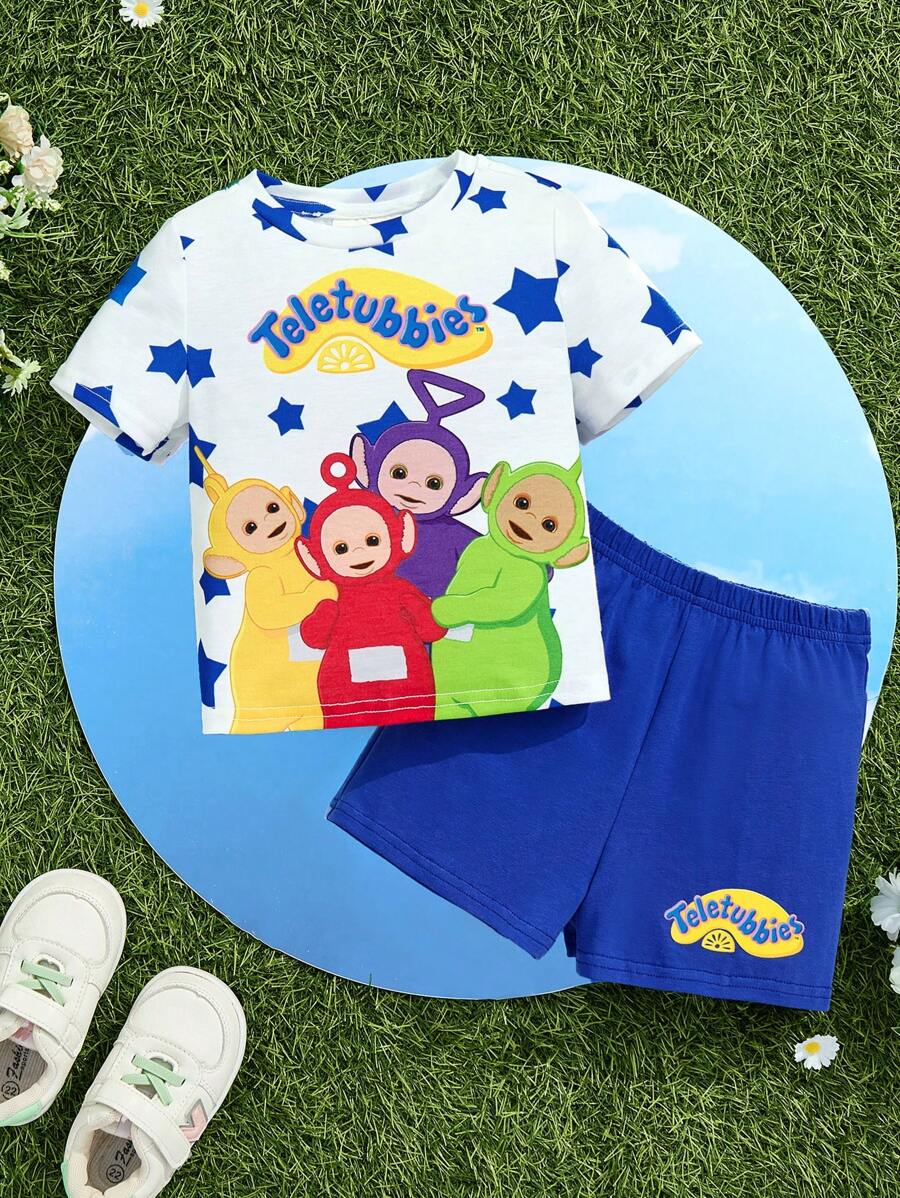 Teletubbies X SHEIN 2 件装男婴卡通星星印花撞色短袖 T 恤和短裤夏季服装 - 藍色 - 查看 1