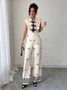 Elenzga Women's Elegant Chinese Style Button Ruffle Hem Printed Jumpsuit - Apricot - View 6