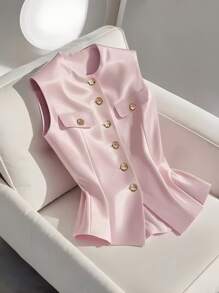 SHEIN Clasi Sleeveless Open-Front V-Neck Satin Vest Blouse Shirt - Pink - View 1