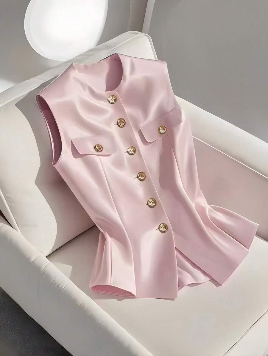 SHEIN Clasi Sleeveless Open-Front V-Neck Satin Vest Blouse Shirt - Pink - View 1
