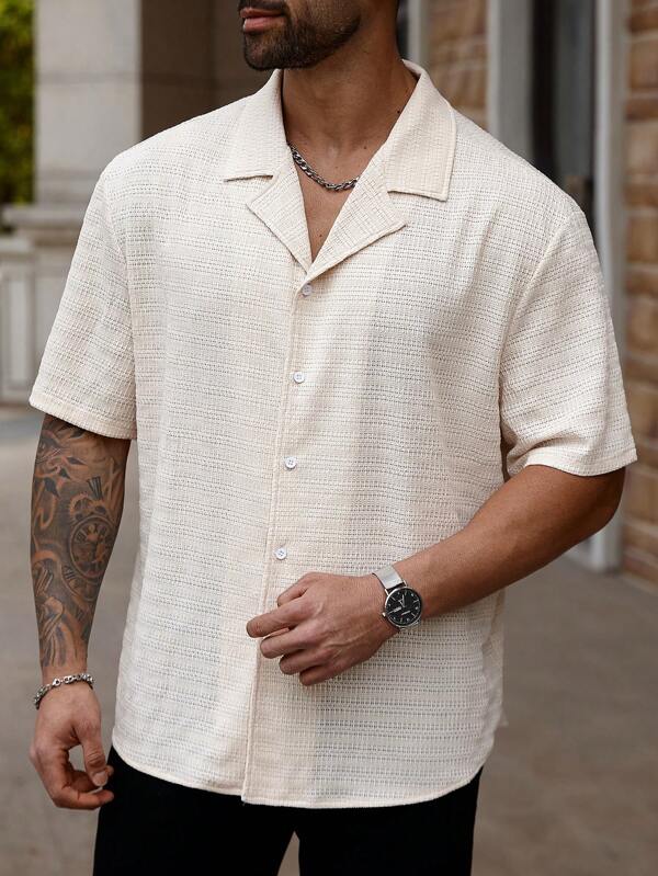 Manfinity Homme Camisa casual de manga corta con cuello de solapa y un solo abotonado, talla grande para hombre