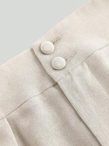 SHEIN PETITE CURVE 夏季高腰裤多件套黑色+卡其色阔腿裤高腰褶皱阔腿裤黑色裤子宽松长裤 - 杏色 - 查看 4