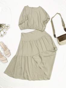 INAWLY Plus Size Summer Casual Solid Color Batwing Sleeve Top And Skirt 2 Pieces Clothes Set - Khaki - View 1