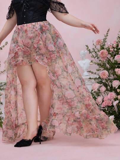 Kawaii Women Plus Size Retro Palace Garden Floral Print Ruffle Hem Asymmetric Hem Skirt