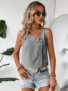 EMERY ROSE Camisa informal de lino sin mangas a rayas blancas y negras con cuello asimétrico y botones decorativos para vacaciones