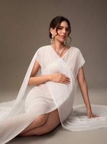 SHEIN Vestido de maternidad elegante de unicolor con cuello en V y envolvente para sesión de fotos de maternidad - Blanco - Ver 5