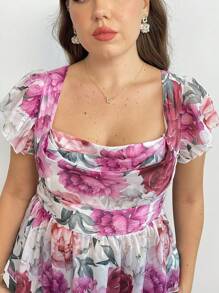 Sunnyshic Camicetta a-line con colletto arricciato e vita segnata, stile vacanza, taglie comode