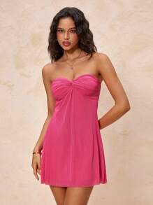 Glamine 玫瑰红色性感褶皱无袖连衣裙，女士生日服装，浪漫约会礼服，节日狂欢派对礼服，晚宴礼服，夏季礼服，泳池派对礼服，毕业礼服 - 玫紅色 - 查看 4