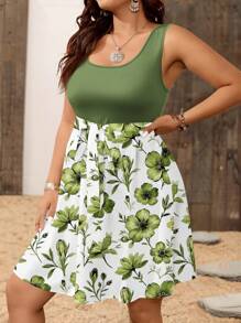 SHEIN VCAY Váy suông chữ A không tay buộc eo họa tiết hoa chắp vá giản dị, thích hợp mặc đi biển mùa hè, cỡ lớn - màu xanh lá - Xem 4